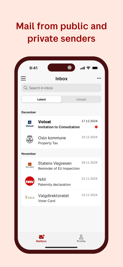 Inbox view of the Digipost app showing digital mail from various Norwegian public and private senders.