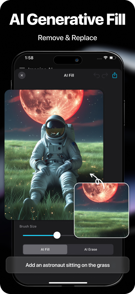 Imagine AI app interface showing AI Generative Fill feature adding an astronaut to a landscape