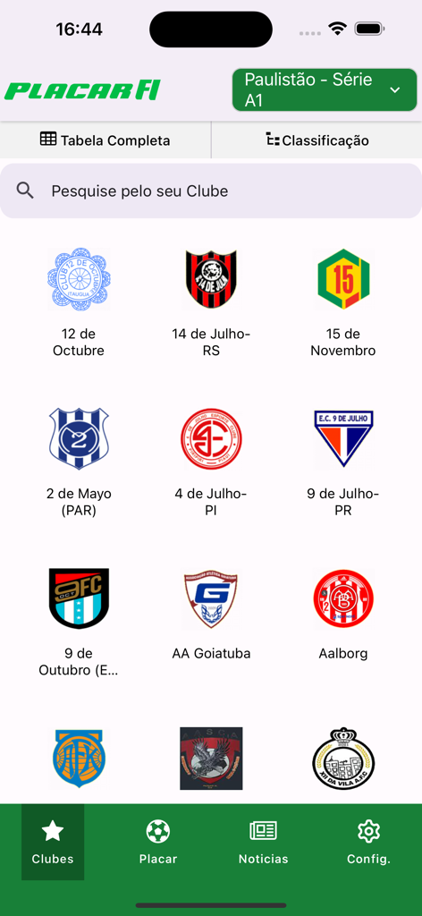 Placar FI - Futebol Interior - Screen of the Placar FI app showing a searchable grid of football club logos and names