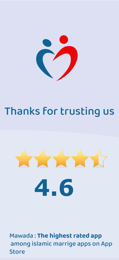 Alta classificação de 4,6 estrelas do aplicativo de Casamento Muçulmano Mawada na App Store