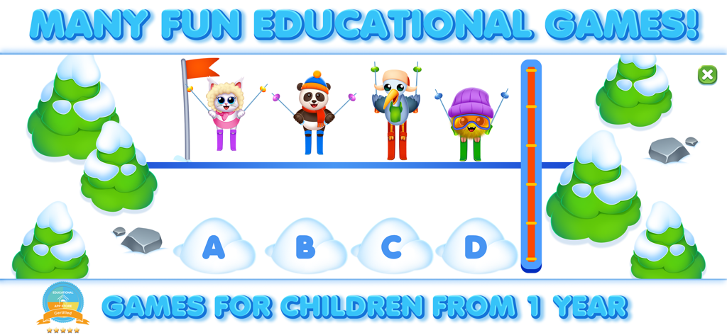 Educational alphabet skiing game for toddlers featuring animals on skis and letters A B C D in a snowy landscape.