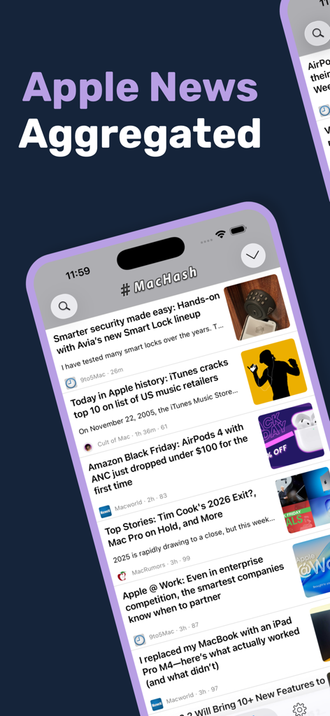 MacHash News - MacHash News app displaying a curated feed of Apple tech news and rumors on an iPhone screen.