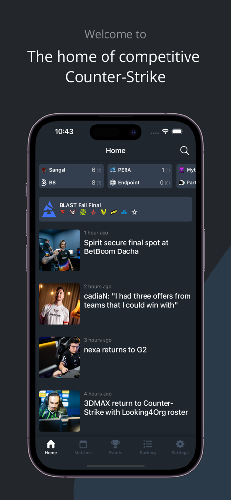 HLTV.org - Pantalla de inicio de la aplicación móvil HLTV que muestra resultados de partidos de Counter-Strike en vivo y artículos de noticias de esports más recientes.