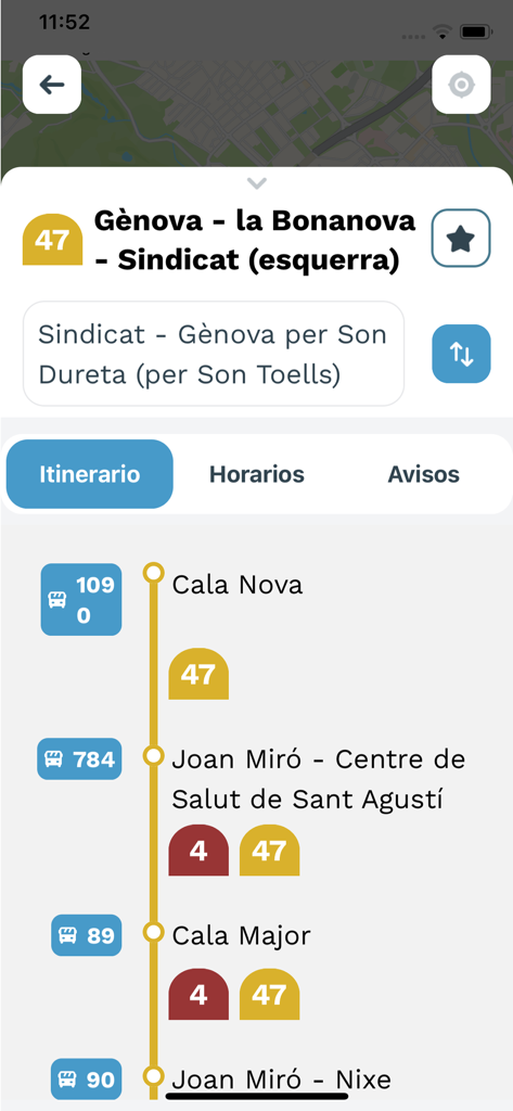Captura de pantalla de la aplicación EMT Palma que muestra un itinerario de ruta de autobús con paradas en tiempo real y números de línea
