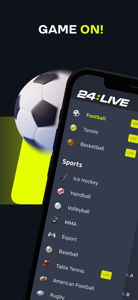 24live - Livescore - Interface of the 24live app displaying a comprehensive list of sports including football tennis and basketball for real time updates