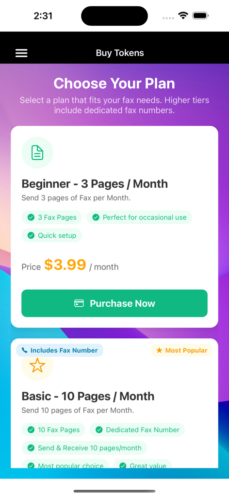 Easy Fax Plus - Pantalla de la aplicación Easy Fax Plus que muestra las opciones de suscripción mensual para paquetes de páginas de fax