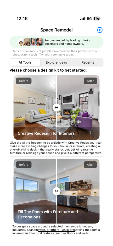 Space Remodel - Space Remodel app interface showing AI interior design kits with before and after room transformations