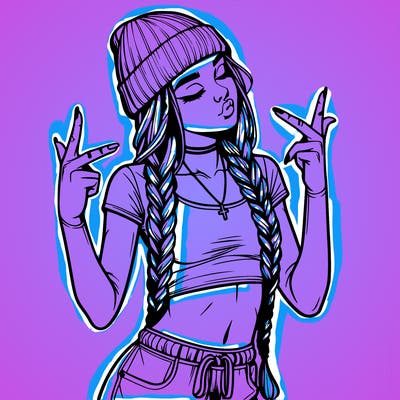 realistic teenage girl with braids and a beanie and crop top doing 🫶🏼