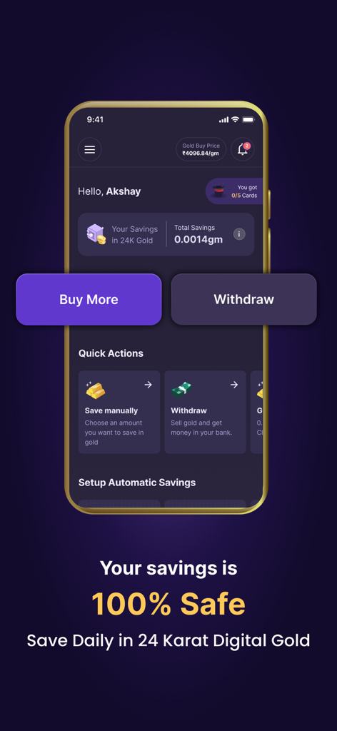 Dashboard of the Jar app showing digital gold savings balance and investment options