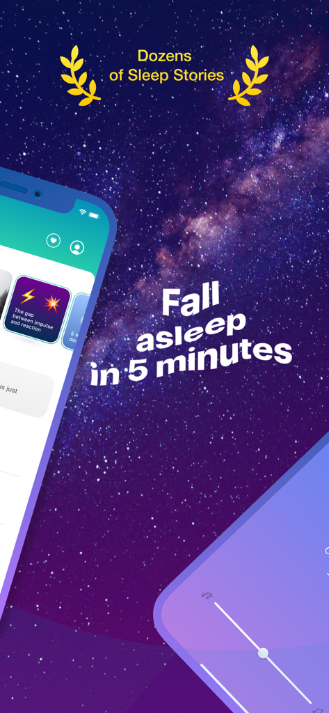 Practico app interface showing sleep stories with starry background and the text Fall asleep in 5 minutes.