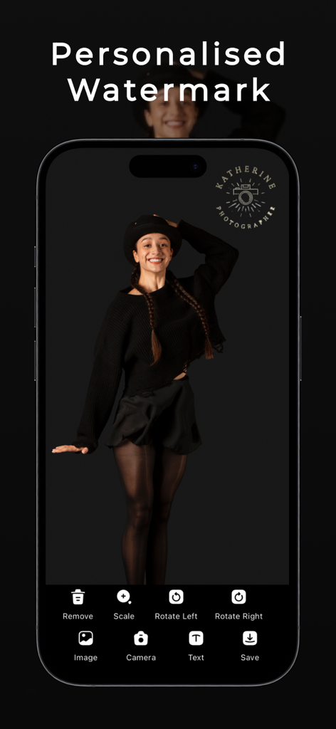 Interface de aplicativo móvel para criar uma marca d'água personalizada em uma fotografia de retrato.