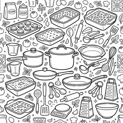 Dive into the heart of the kitchen with this captivating coloring page featuring an abundance of cookware, bakeware, and essential gadgets. Perfect for anyone who loves cooking, baking, or simply enjoys the charm of kitchen artistry.