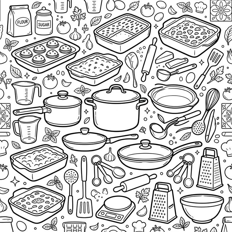 Dive into the heart of the kitchen with this captivating coloring page featuring an abundance of cookware, bakeware, and essential gadgets. Perfect for anyone who loves cooking, baking, or simply enjoys the charm of kitchen artistry.
