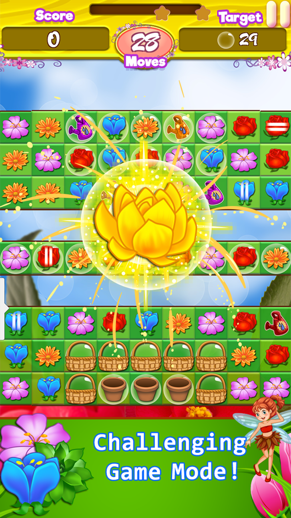 Blossom Garden - Free Flower Blast Match 3 Puzzle - Gameplay colorido de match-3 em Blossom Garden com uma explosão de flor amarela brilhante