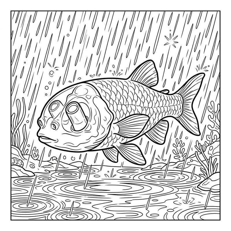 Discover the unique Barreleye Fish in a fascinating rainy day setting, featuring its transparent head and distinctive tubular eyes. This detailed coloring page invites you to explore an aquatic world beneath falling raindrops and rippling waters.