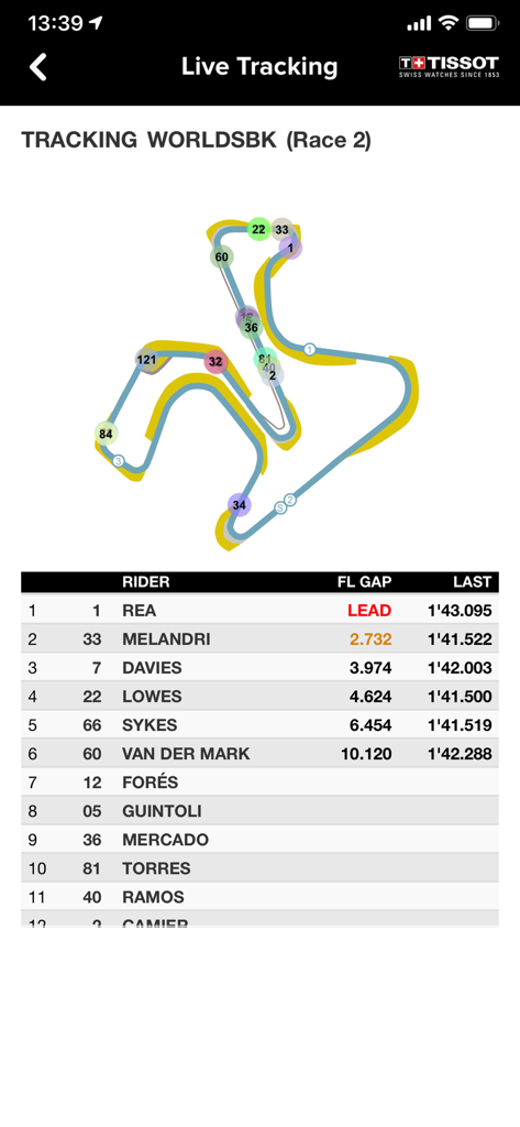 WorldSBK - WorldSBK app interface showing live race tracking map with rider positions and leaderboard