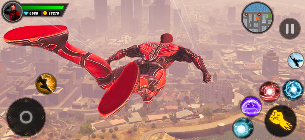 GT Gangster Monster Survival - Ein roter Superheld fliegt über eine städtische Stadtlandschaft in einem mobilen Actionspiel