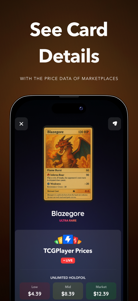 Snapdex: Card Value Scanner - Snapdex app interface showing live market prices and rarity details for a scanned trading card