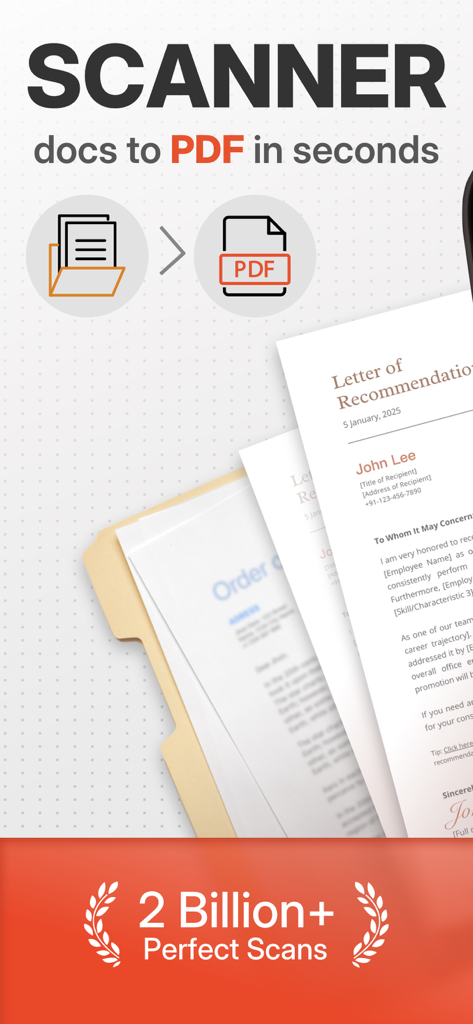 Scan ACE 모바일 앱이 문서 PDF 변환 및 고정밀 스캔을 보여줍니다.