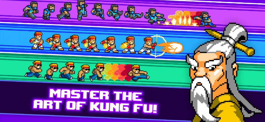 Kung Fu Zombie - Retro pixel art characters performing combat moves with a Kung Fu master and the text Master the Art of Kung Fu