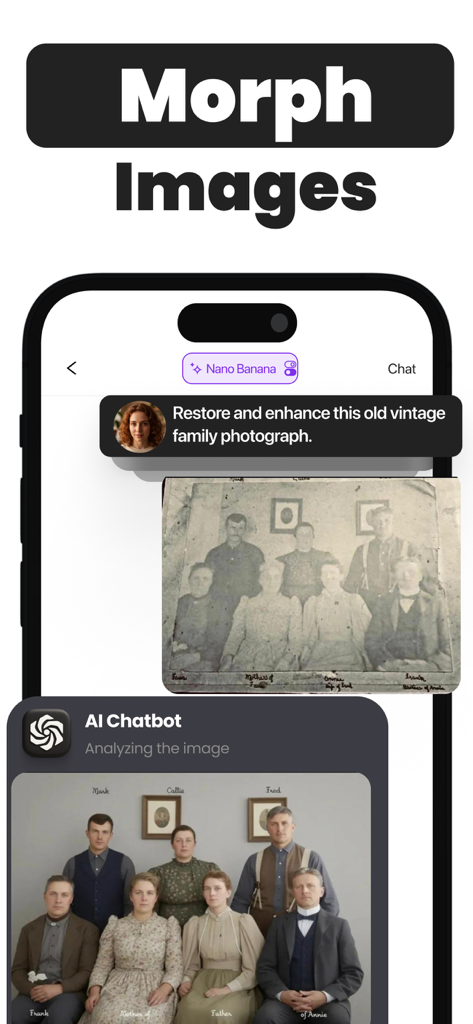 Orion AI - Chatbot Assistant - Orion AI chatbot interface showing a vintage family photo before and after digital restoration and enhancement.