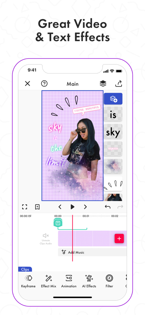 Interface of the Funimate app showing creative video and neon text effects for mobile editing