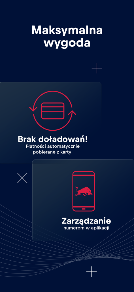 Red Bull MOBILE Polska app interface showing automatic card payments and mobile number management features