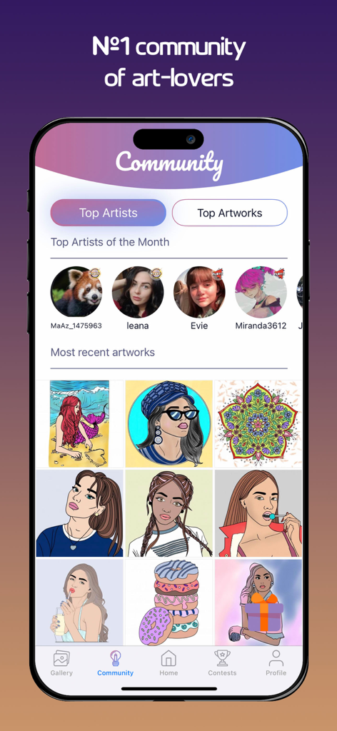 ColorRing・Adult Coloring Book - Community screen of the ColorRing app showing top artists and recent user artworks in a grid layout.