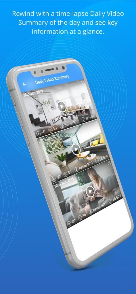 La aplicación Motorola by Hubble Connected muestra la función Resumen de Video Diario con grabaciones en cámara rápida y datos ambientales