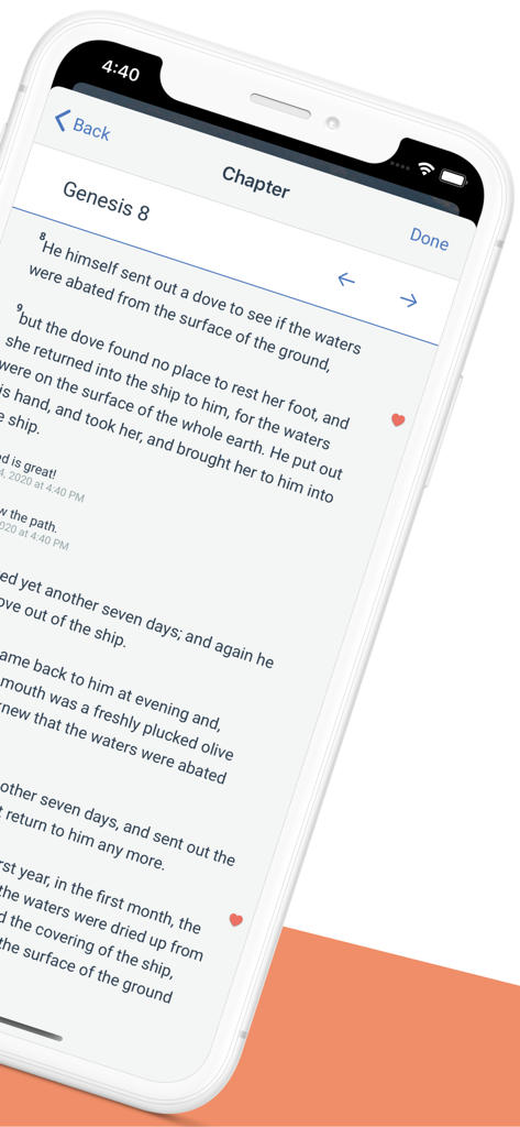 Visão do capítulo de Gênesis 8 no aplicativo Bible Thoughts Daily Verses com escritura e ícones de coração