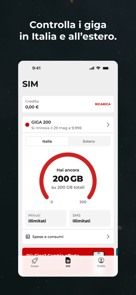 iliad - Oberfläche der iliad-Mobilfunk-App, die 200 GB verbleibende Daten und unbegrenzte Minuten und SMS anzeigt