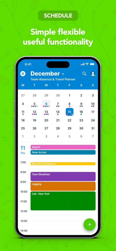 Teamup Calendar mobile app showing a monthly calendar and a color-coded daily schedule on an iPhone.