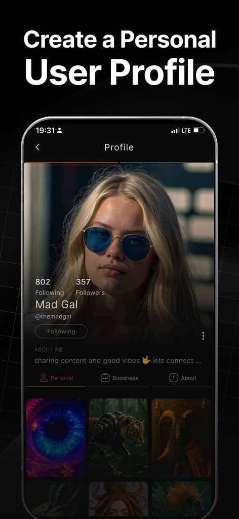 A mobile screen showing a Flibbo AI personal user profile with follower stats and a gallery of AI-generated images.