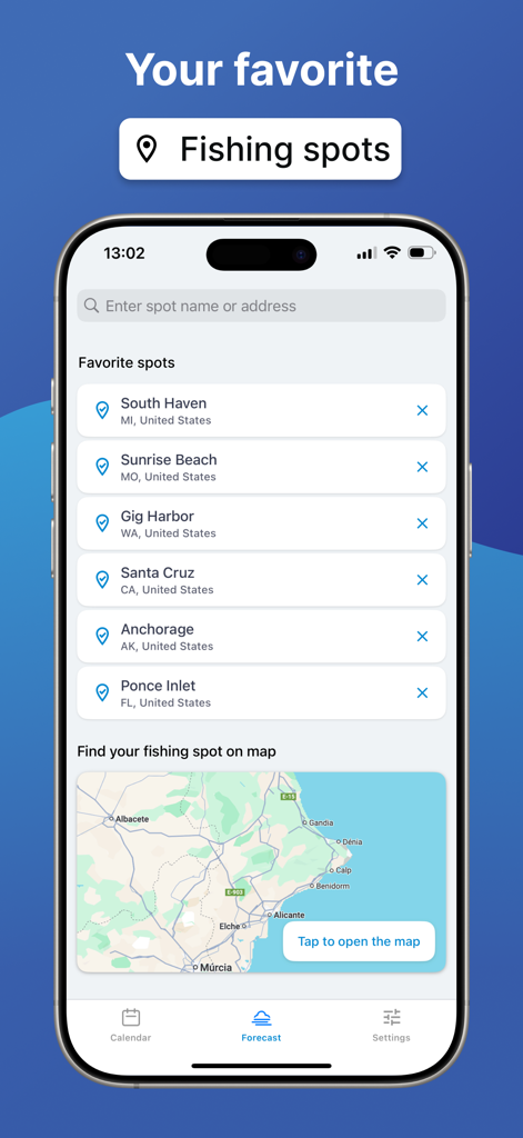 The Fishing Forecast - The Fishing Forecast app showing a list of favorite fishing locations and a map search feature