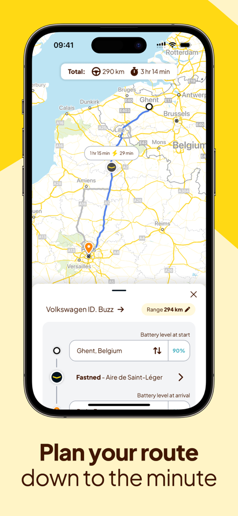 충전 정류장과 도착 시간을 보여주는 전기 자동차 경로 계획기를 보여주는 Fastned 앱 인터페이스