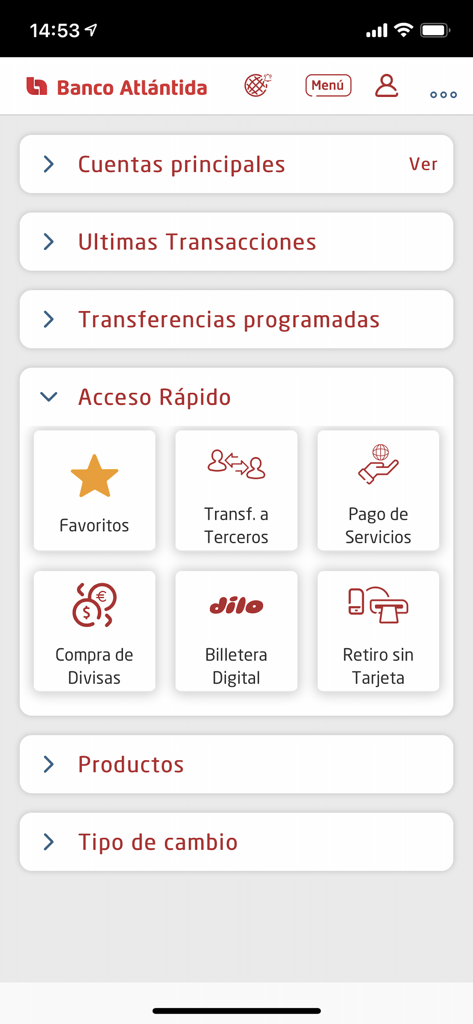 Atlántida Móvil - Home screen of Atlantida Movil mobile banking app showing account options and quick access buttons for transfers and bill payments in Spanish