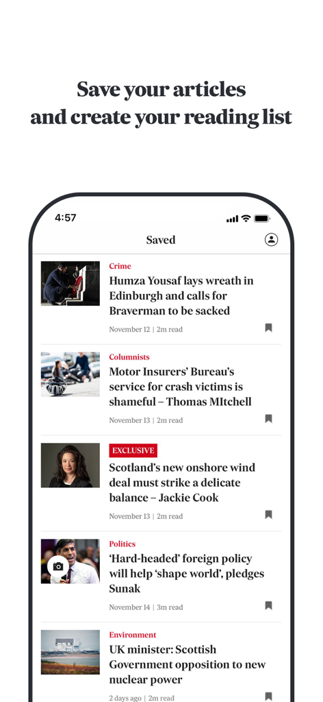 L'interfaccia dell'app The Scotsman che visualizza un elenco di articoli di notizie salvati per una lista di lettura personalizzata.