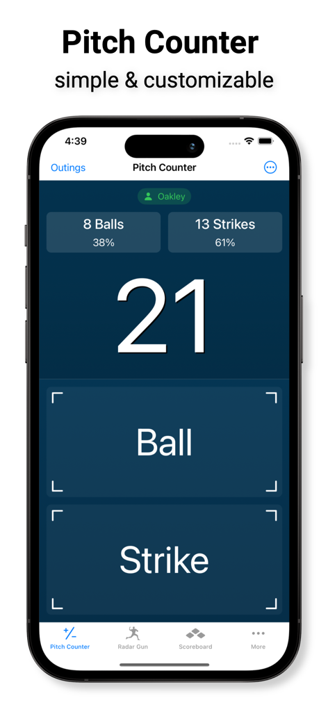 Pitch Counter app interface showing ball and strike counts with total pitch statistics