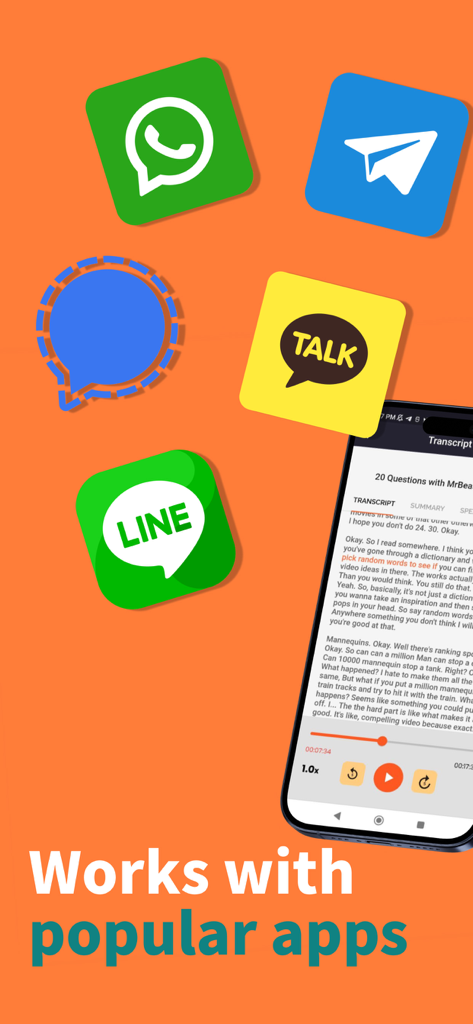 音声認識アプリのWhatsApp、Telegram、Signal、LINEとの互換性を示すインターフェース。オーディオ文字起こしに対応しています