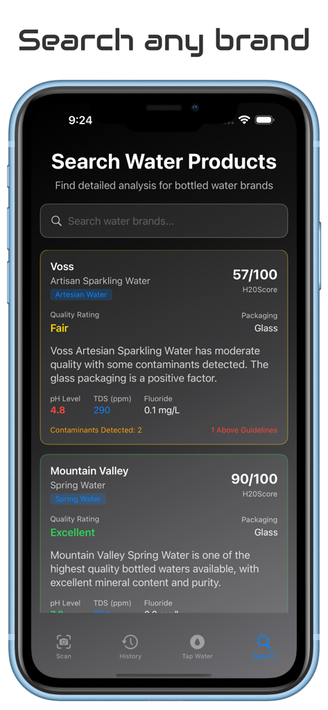 Mobile app interface showing search results with water quality scores and mineral analysis for different bottled water brands.