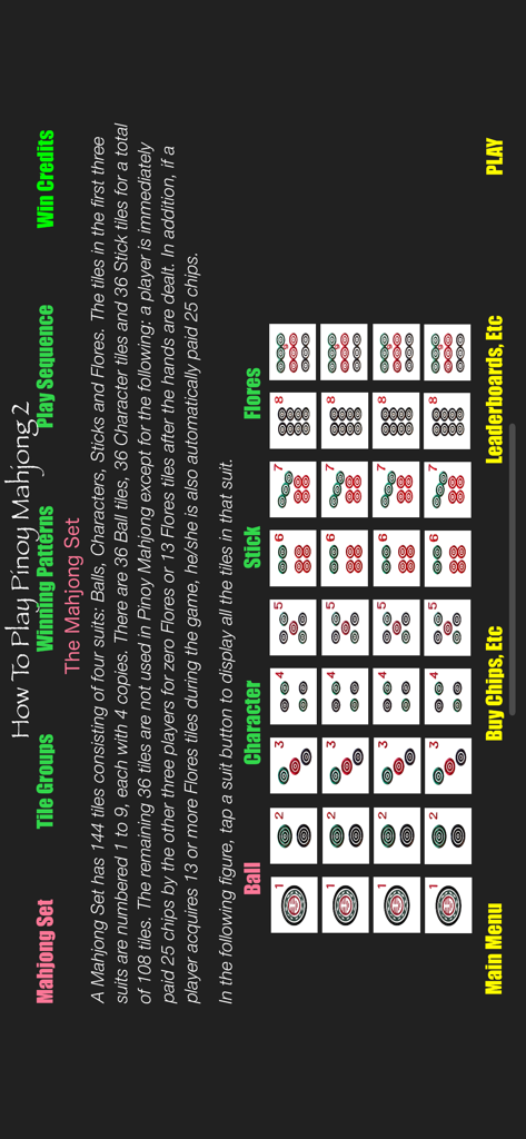 Schermata tutorial dell'app Pinoy Mahjong che spiega il set di mahjong con esempi visivi di tessere Ball, Character, Stick e Flores