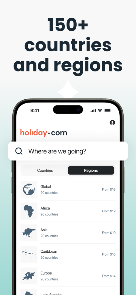 Una lista de planes de datos eSIM globales por región en la aplicación móvil holiday.com.