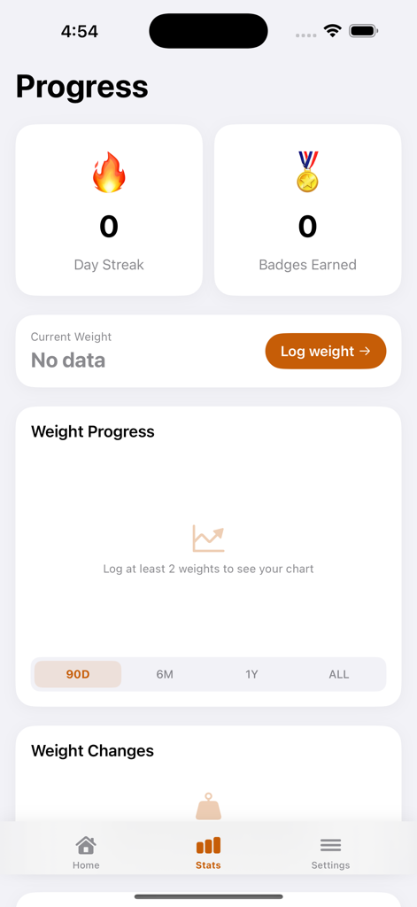 AfriCal mobile app dashboard showing weight progress and day streak statistics