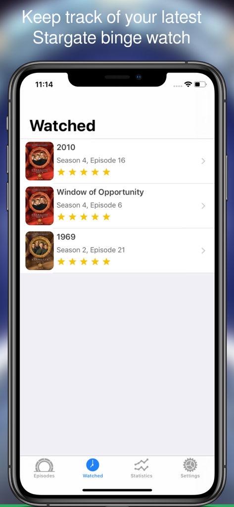 Gate Guide: A Stargate Guide - Interface of the Gate Guide app showing a list of watched Stargate SG-1 episodes with their star ratings.