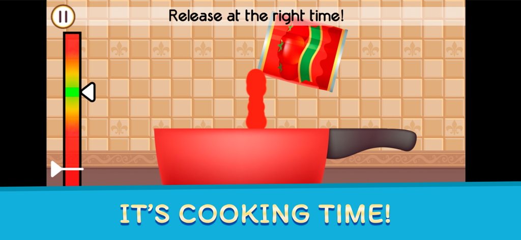 Cookbook Master: Chef Recipes - A gameplay screen of Cookbook Master showing a tomato sauce pouring minigame with a timing gauge