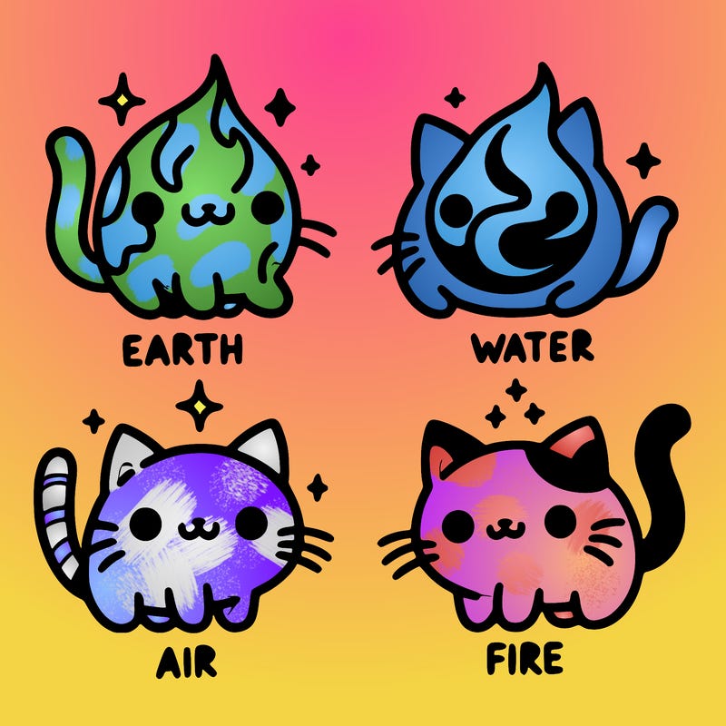 4 cats that represent the different elements, earth, water, air, and fire