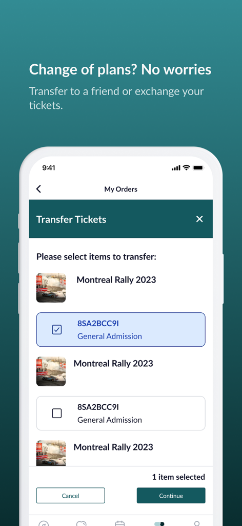 Showpassモバイルアプリのインターフェイスで、イベントチケットの転送または交換を行います
