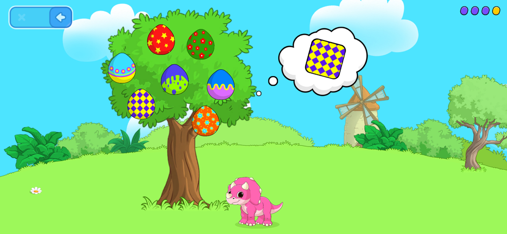 Educational toddler game screen featuring a pink dinosaur matching patterns with colorful eggs on a tree.