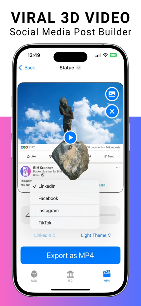 BIM Scanner mobile app interface showing the viral 3D video builder for social media marketing on LinkedIn and Instagram