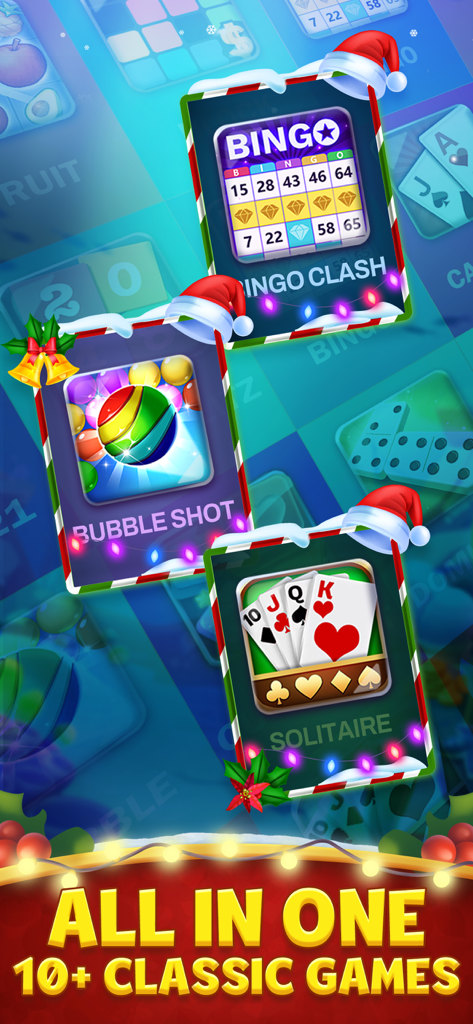 Pocket7Games mobile app interface showing classic games like Bingo Clash and Solitaire with a festive holiday theme.
